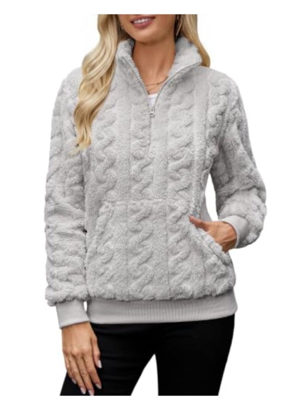 Fuzzy Cable Knit Half Zip Hoodie Cozy Stand Collar Fleece Sweater
